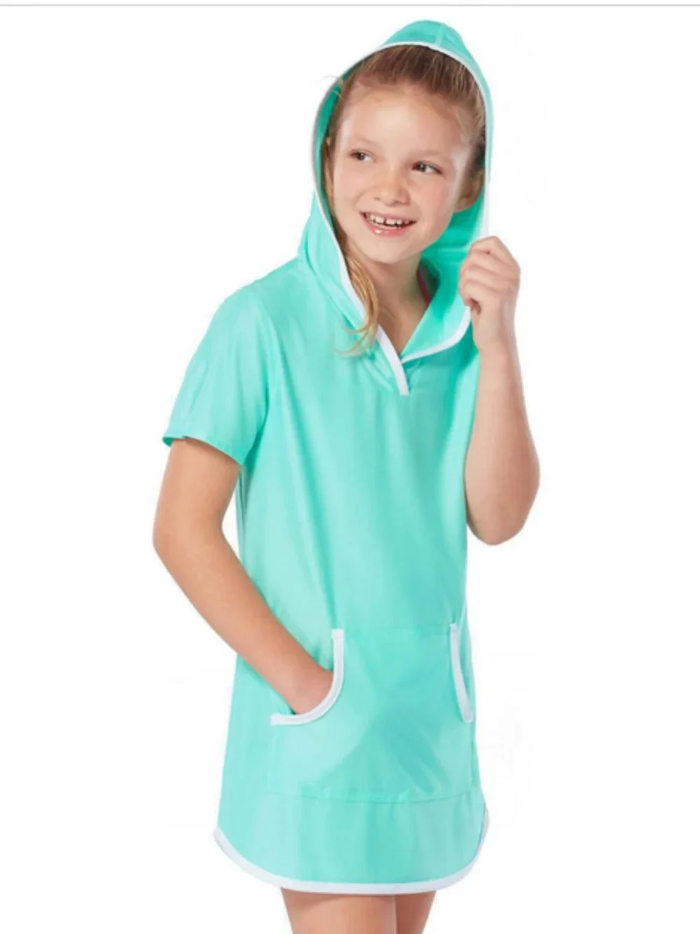 Free Country Youth Girl's Swim Sun Mesh Hooded Kangaroo Cover Up SZ S SPEARMINT